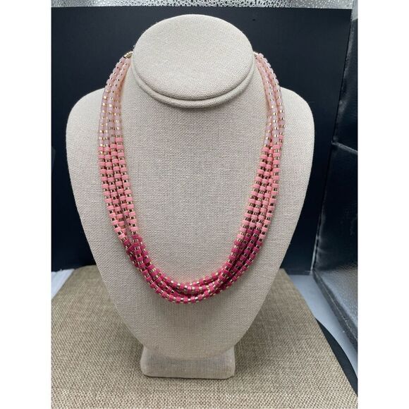 New Talbots Sunny Layered 4 Strand Beaded Pink and Gold Necklace Signed - Picture 8 of 8